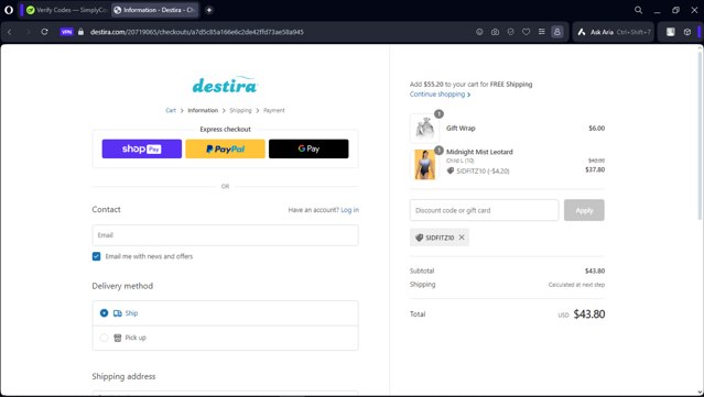 Destira checkout page showing Destira coupon code box | Screenshot taken by SimplyCodes community member on Jul 9, 2024