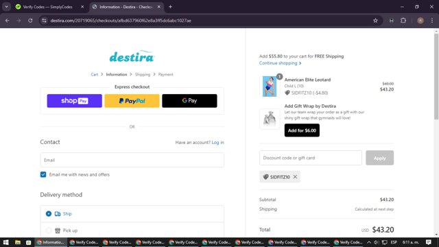 Destira checkout page showing Destira coupon code box | Screenshot taken by SimplyCodes community member on Aug 7, 2024