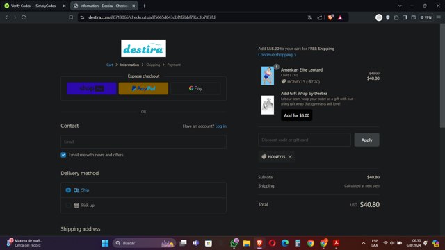 Destira checkout page showing Destira coupon code box | Screenshot taken by SimplyCodes community member on Aug 6, 2024