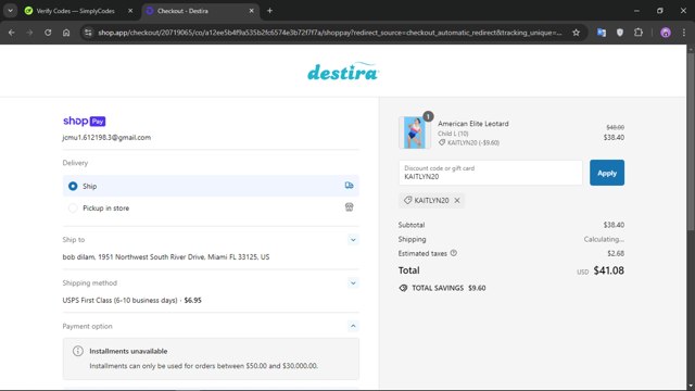 Destira checkout page showing Destira coupon code box | Screenshot taken by SimplyCodes community member on Aug 6, 2024