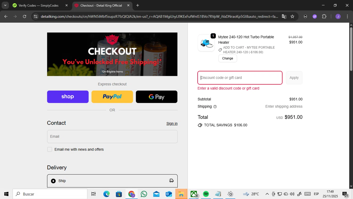 Detail King promo code screenshot showing code SPRING15 applied at Detail King checkout page. Uploaded by SimplyCodes community member ENCARAMESSI on Nov 25, 2025