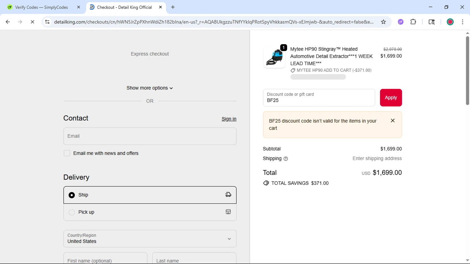 Detail King promo code screenshot showing code BF25 applied at Detail King checkout page. Uploaded by SimplyCodes community member DiscountSentinel4513 on Nov 15, 2025