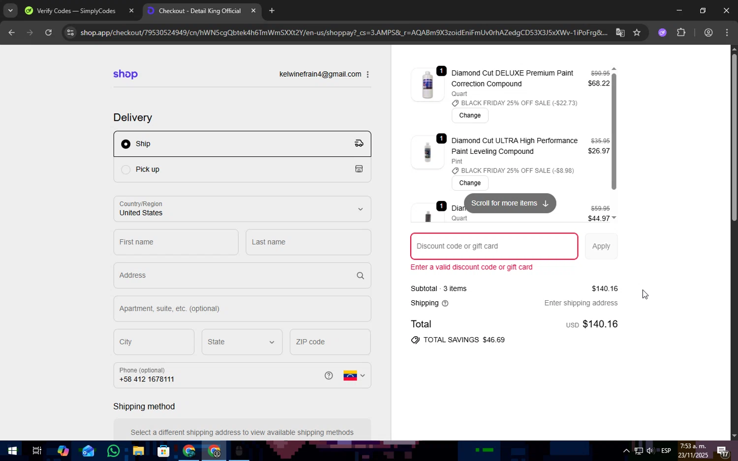 Detail King promo code screenshot showing code BF25 applied at Detail King checkout page. Uploaded by SimplyCodes community member Freeman on Nov 23, 2025