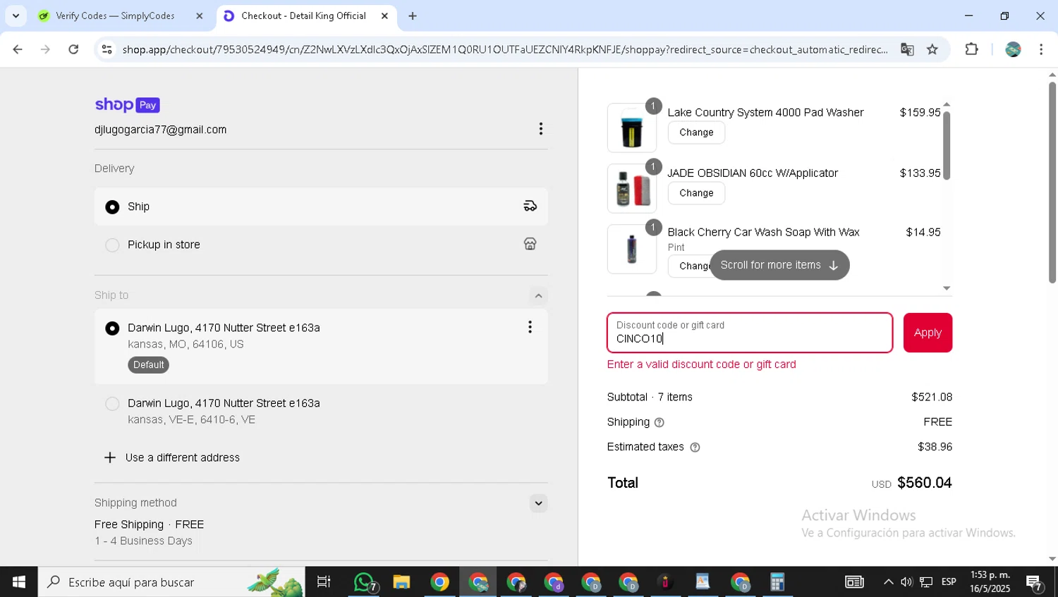 Detail King promo code screenshot showing code CINCO10 applied at Detail King checkout page. Uploaded by SimplyCodes community member ShrewdMonarch9444 on May 16, 2025