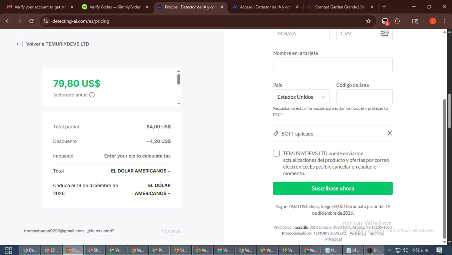 Detecting-Ai.com promo code screenshot showing code 5OFF applied at Detecting-Ai.com checkout page. Uploaded by SimplyCodes community member DiscountWizard3787 on Dec 19, 2025