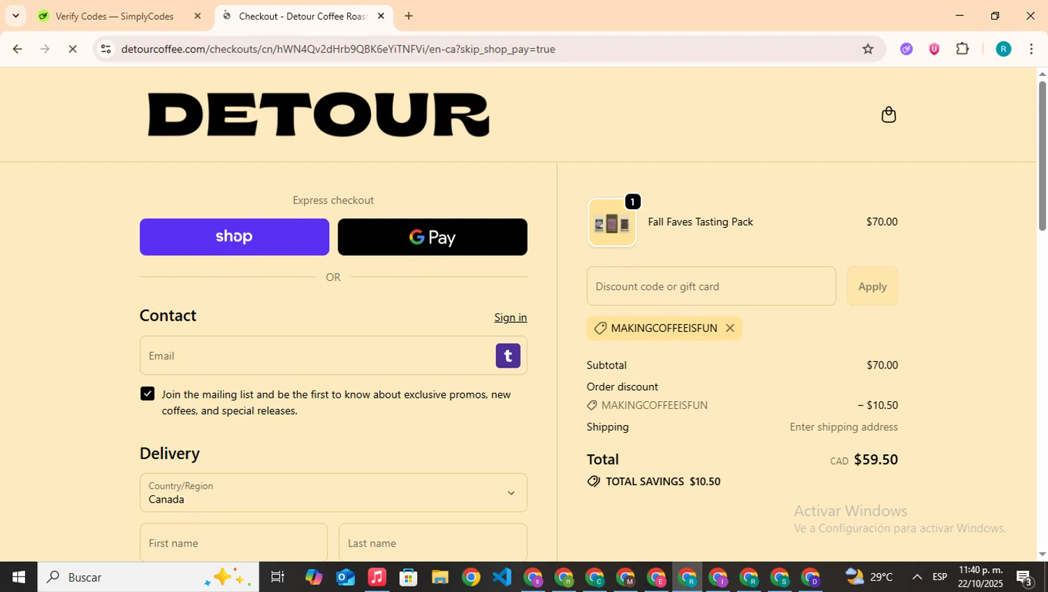 Detour Coffee discount code screenshot showing code MAKINGCOFFEEISFUN applied at Detour Coffee checkout page. Uploaded by SimplyCodes community member BudgetHero4407 on Oct 23, 2025
