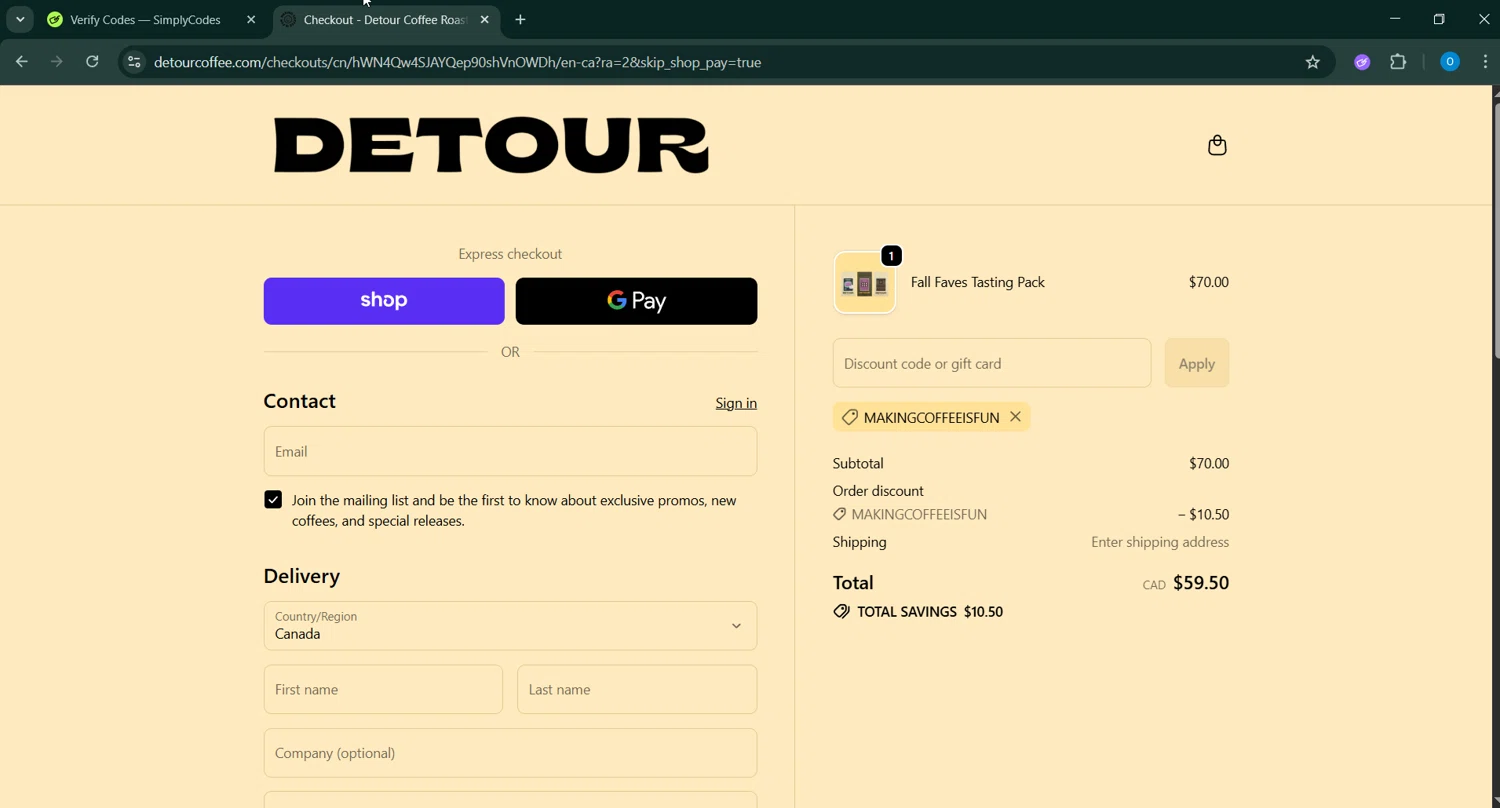 Detour Coffee discount code screenshot showing code MAKINGCOFFEEISFUN applied at Detour Coffee checkout page. Uploaded by SimplyCodes community member GoldAdmiral5202 on Oct 23, 2025