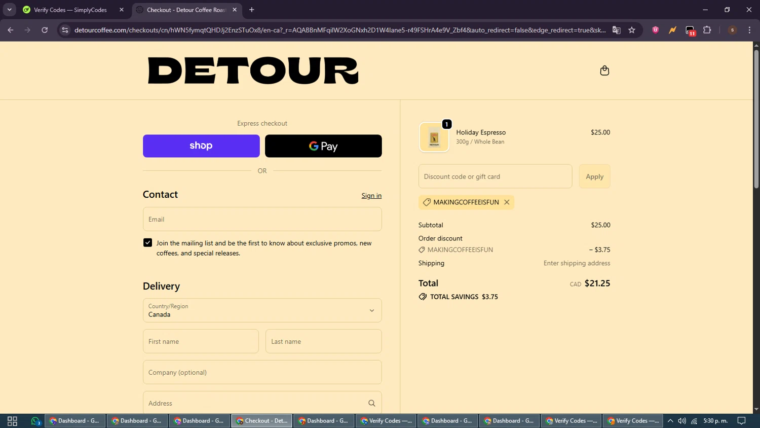 Detour Coffee discount code screenshot showing code MAKINGCOFFEEISFUN applied at Detour Coffee checkout page. Uploaded by SimplyCodes community member GoldSentinel1426 on Nov 24, 2025
