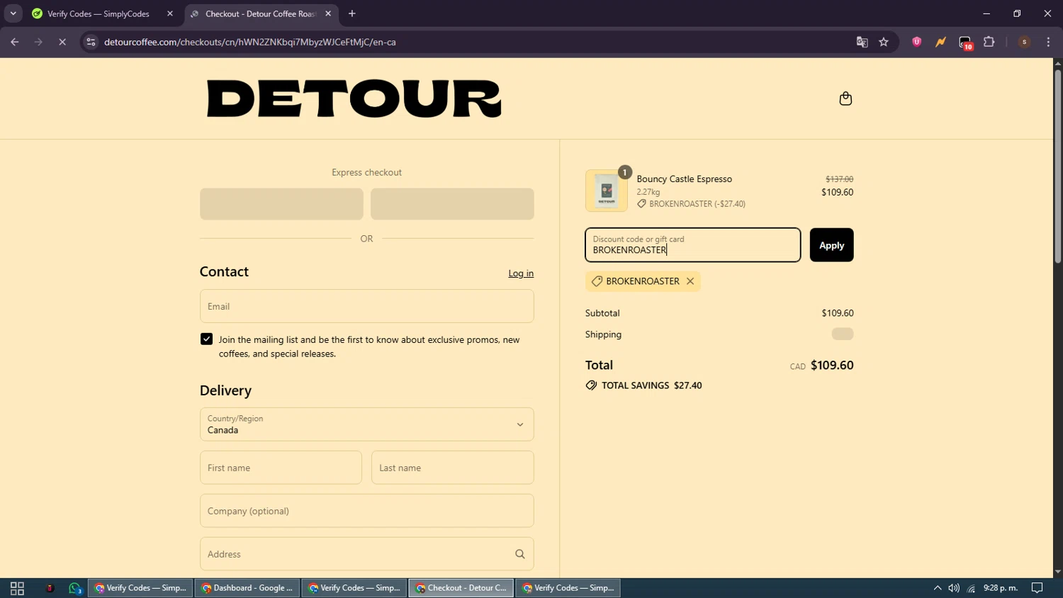 Detour Coffee discount code screenshot showing code BROKENROASTER applied at Detour Coffee checkout page. Uploaded by SimplyCodes community member GoldSentinel1426 on Sep 4, 2025