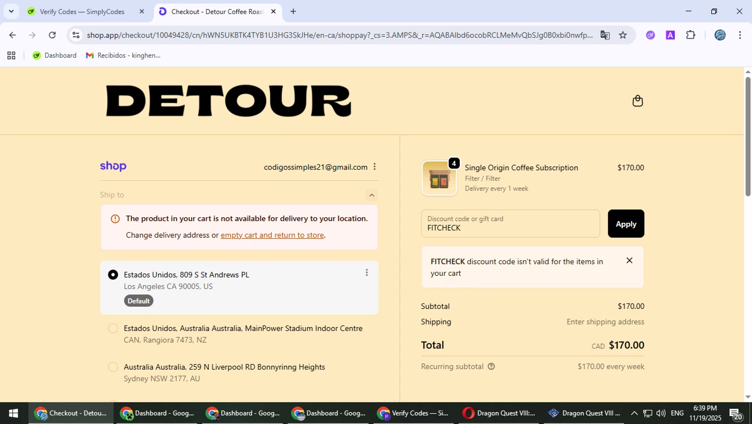 Detour Coffee discount code screenshot showing code FITCHECK applied at Detour Coffee checkout page. Uploaded by SimplyCodes community member PokeGOAT on Nov 19, 2025