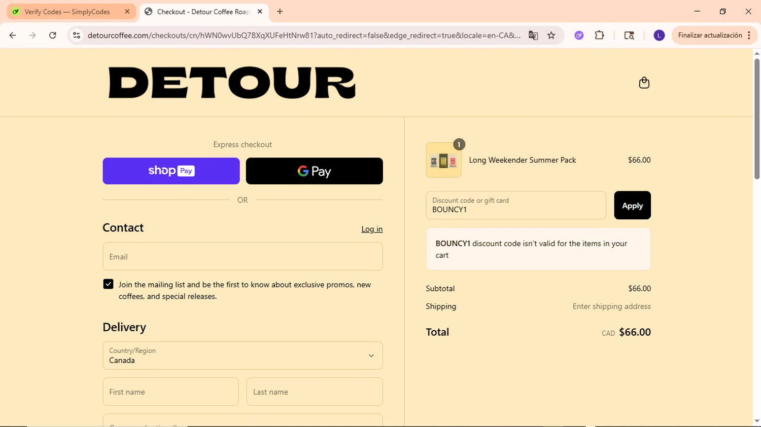 Detour Coffee discount code screenshot showing code BOUNCY1 applied at Detour Coffee checkout page. Uploaded by SimplyCodes community member EpicWarden3081 on Jul 23, 2025