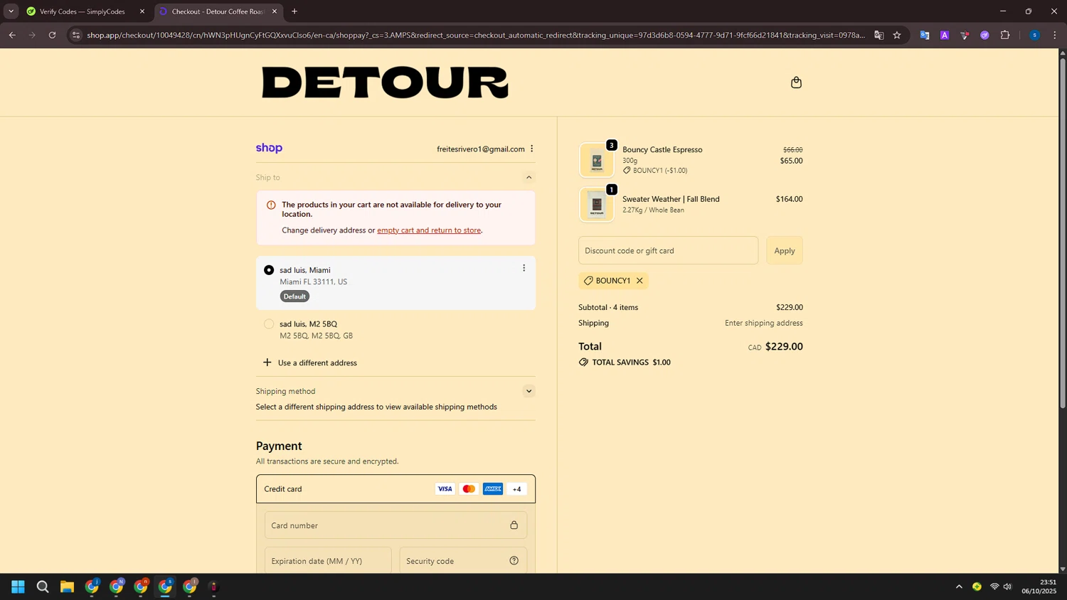Detour Coffee discount code screenshot showing code BOUNCY1 applied at Detour Coffee checkout page. Uploaded by SimplyCodes community member ExtraordinarySleuth4345 on Oct 7, 2025