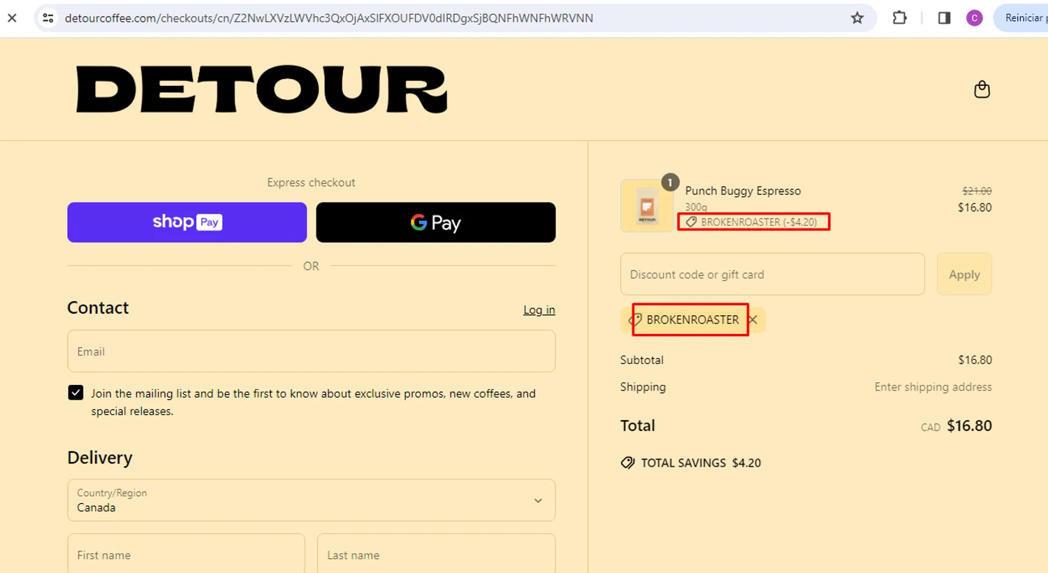 Detour Coffee discount code screenshot showing code BROKENROASTER applied at Detour Coffee checkout page. Uploaded by SimplyCodes community member nileskamarcano on Apr 2, 2025