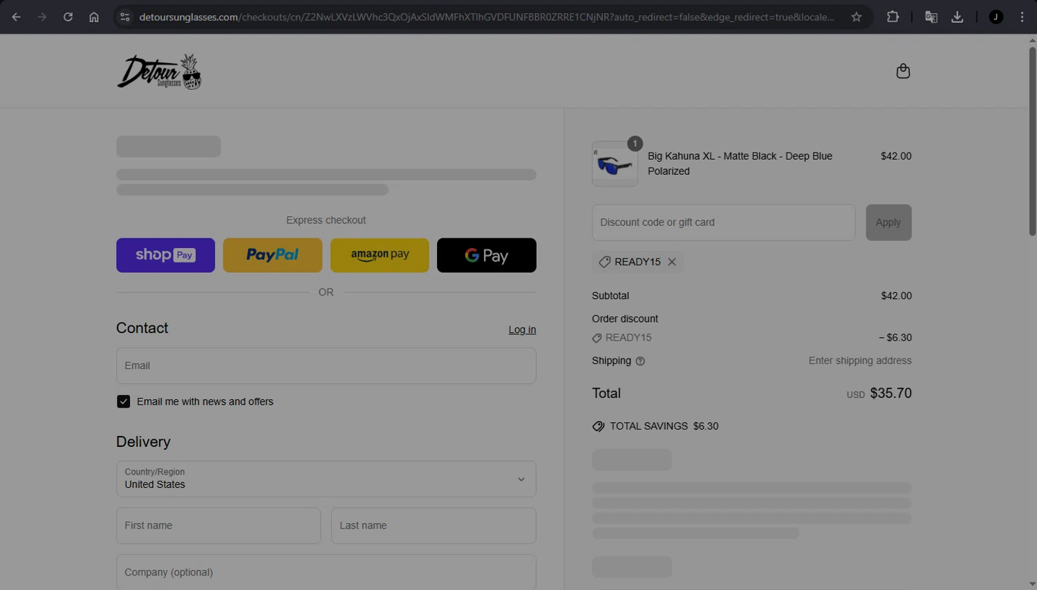 Detour Sunglasses discount code screenshot showing code READY15 applied at Detour Sunglasses checkout page. Uploaded by SimplyCodes community member DealAce9542 on Jun 3, 2025