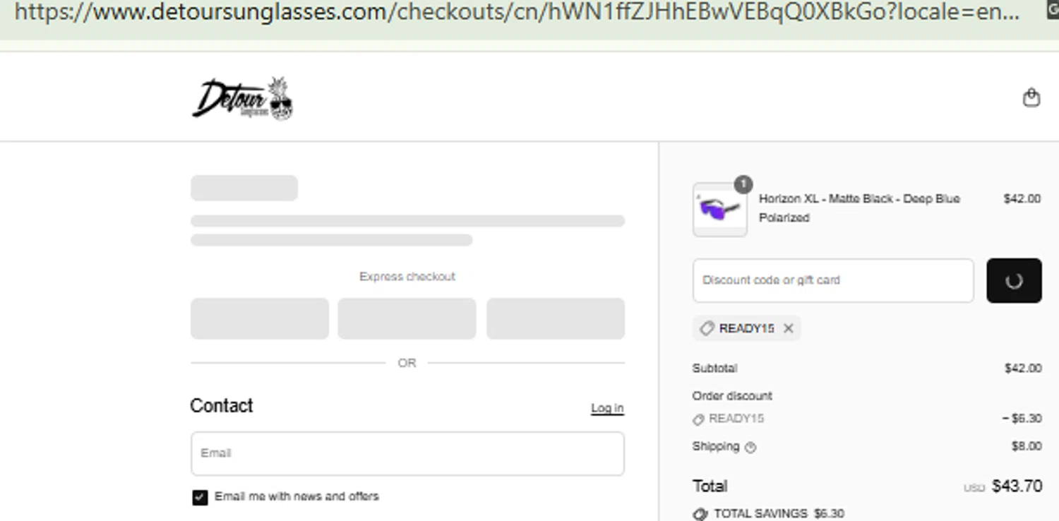 Detour Sunglasses discount code screenshot showing code READY15 applied at Detour Sunglasses checkout page. Uploaded by SimplyCodes community member RewardFinder4836 on Aug 11, 2025