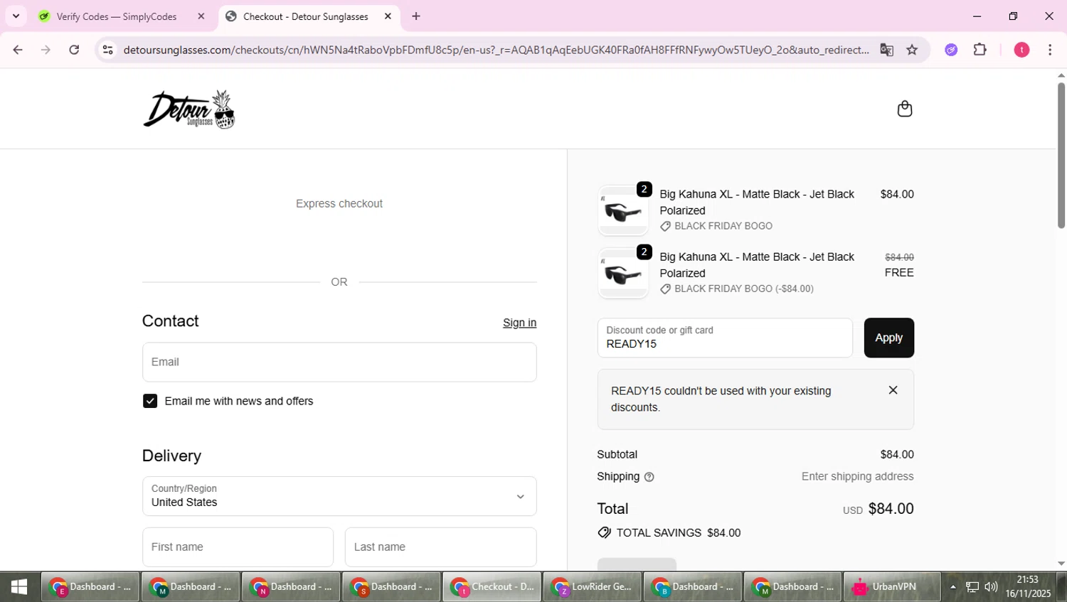 Detour Sunglasses discount code screenshot showing code READY15 applied at Detour Sunglasses checkout page. Uploaded by SimplyCodes community member ScanExpert2824 on Nov 17, 2025