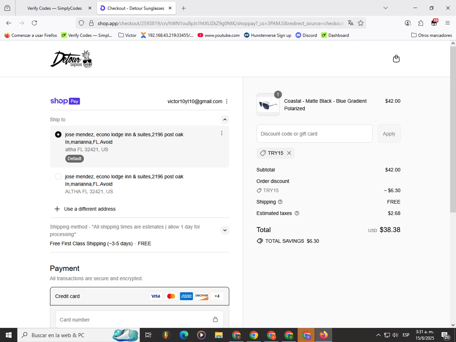 Detour Sunglasses discount code screenshot showing code TRY15 applied at Detour Sunglasses checkout page. Uploaded by SimplyCodes community member Garou_Y2K on Aug 15, 2025