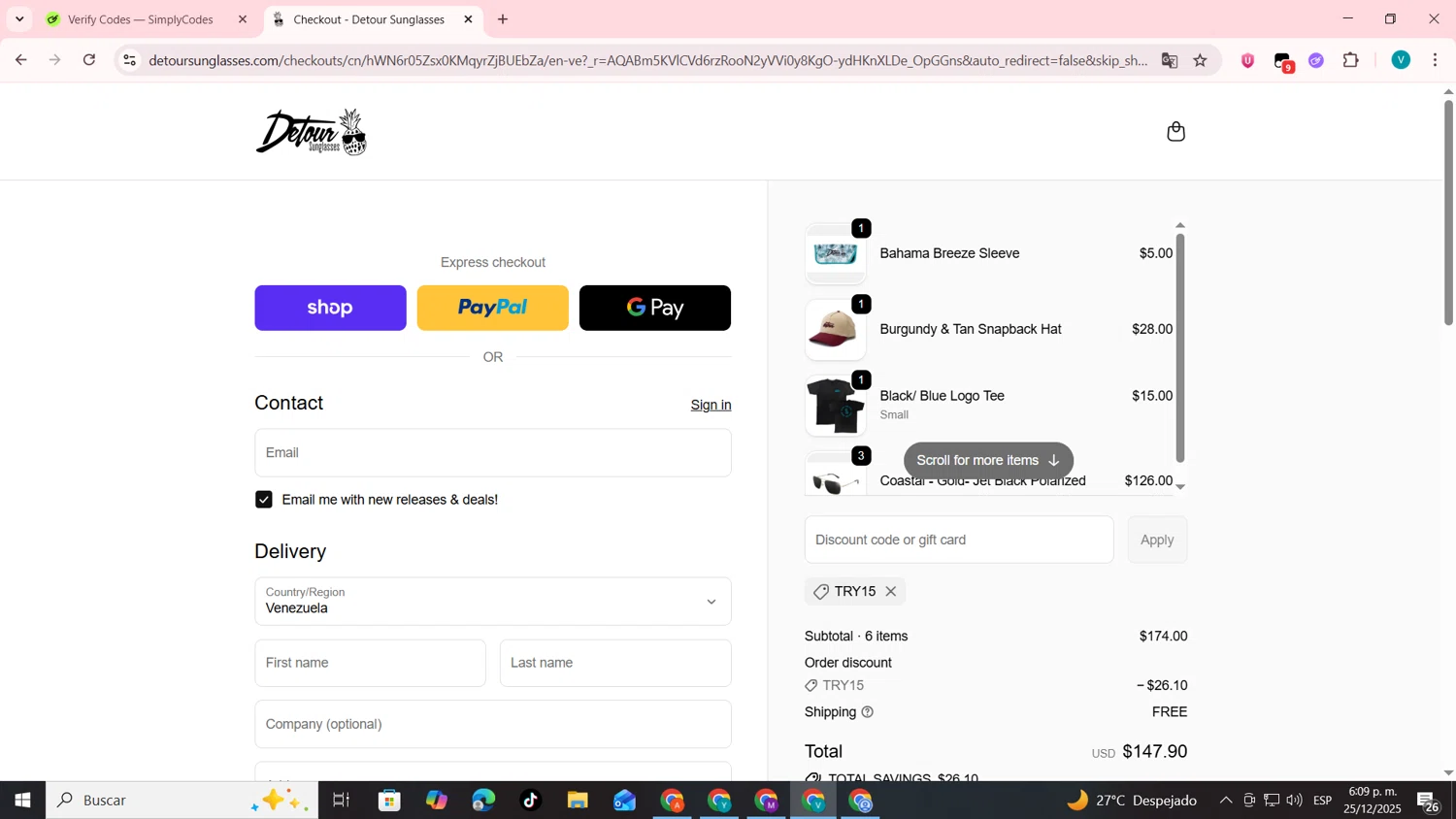 Detour Sunglasses discount code screenshot showing code TRY15 applied at Detour Sunglasses checkout page. Uploaded by SimplyCodes community member lyffytaro on Dec 25, 2025
