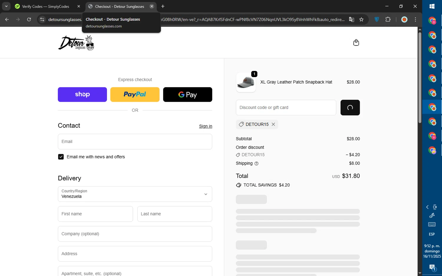 Detour Sunglasses discount code screenshot showing code DETOUR15 applied at Detour Sunglasses checkout page. Uploaded by SimplyCodes community member SalePhoenix823 on Nov 17, 2025