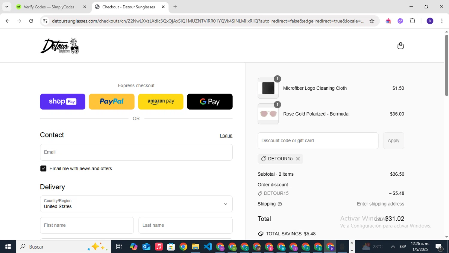 Detour Sunglasses discount code screenshot showing code DETOUR15 applied at Detour Sunglasses checkout page. Uploaded by SimplyCodes community member PrimeNavigator3251 on May 1, 2025