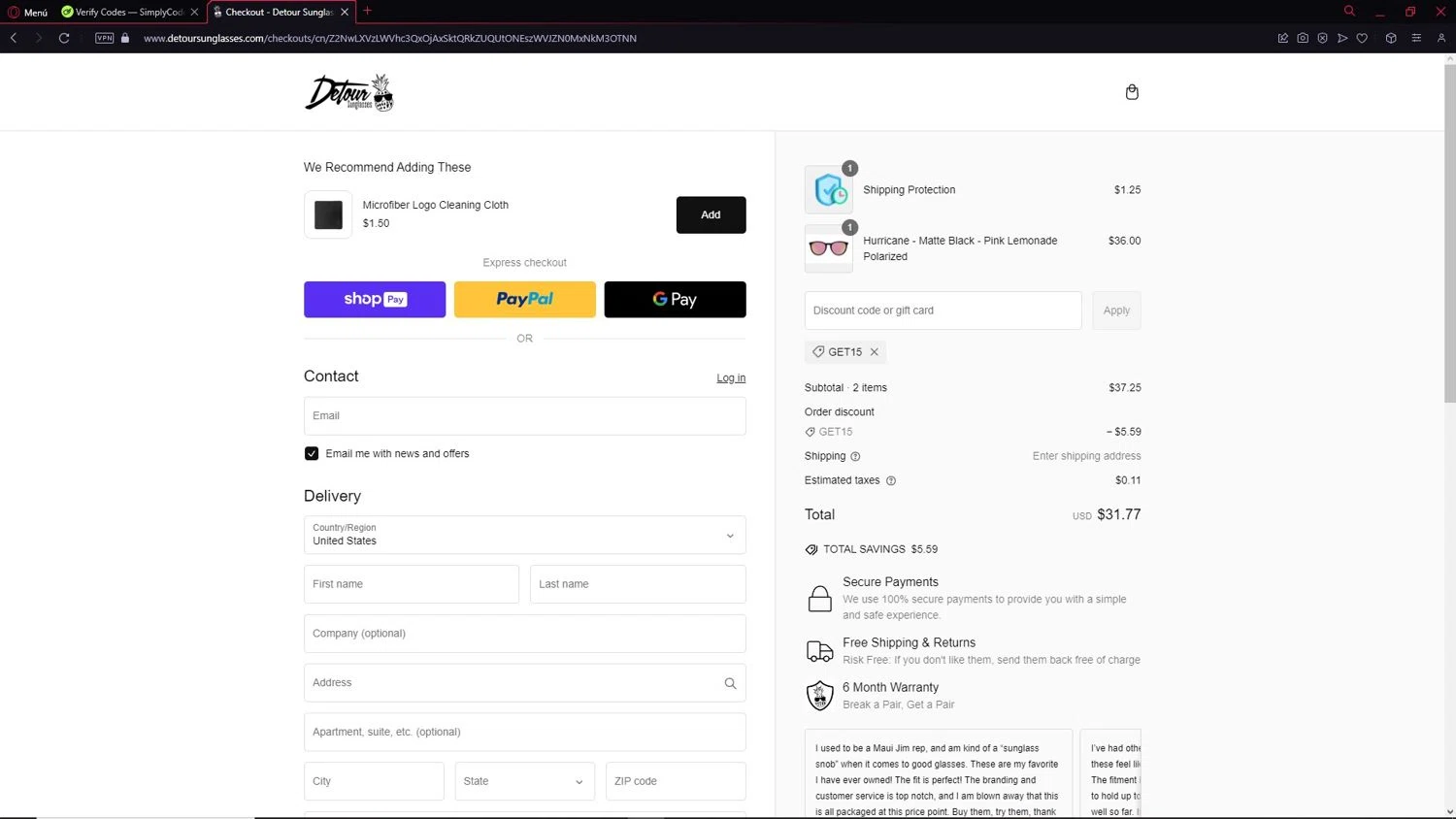 Detour Sunglasses discount code screenshot showing code GET15 applied at Detour Sunglasses checkout page. Uploaded by SimplyCodes community member DEMON9 on Feb 9, 2025