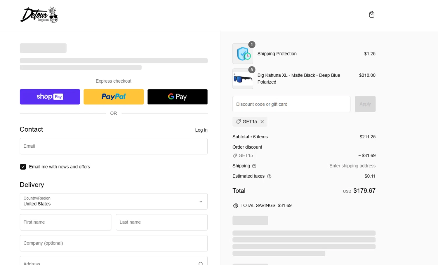 Detour Sunglasses discount code screenshot showing code GET15 applied at Detour Sunglasses checkout page. Uploaded by SimplyCodes community member Kmacho on Jan 8, 2025