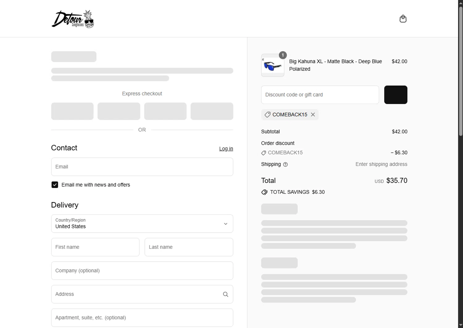 Detour Sunglasses discount code screenshot showing code COMEBACK15 applied at Detour Sunglasses checkout page. Uploaded by SimplyCodes community member BargainSaver8204 on Jul 7, 2025