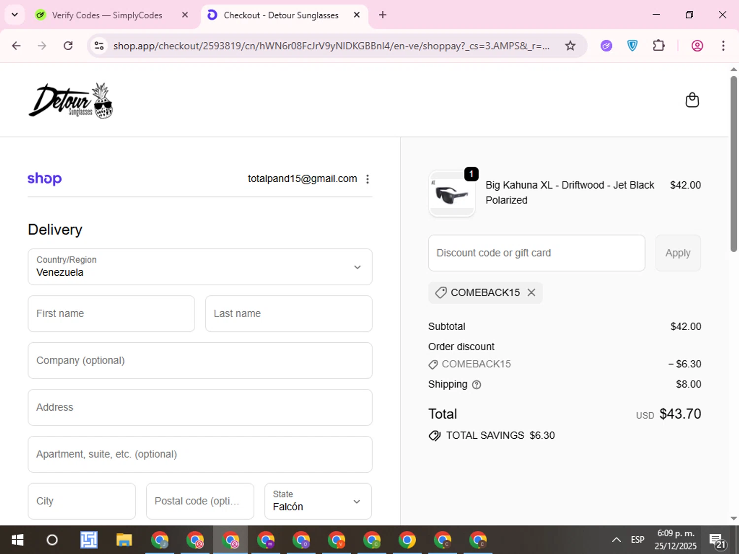 Detour Sunglasses discount code screenshot showing code COMEBACK15 applied at Detour Sunglasses checkout page. Uploaded by SimplyCodes community member QuestCurator1644 on Dec 25, 2025