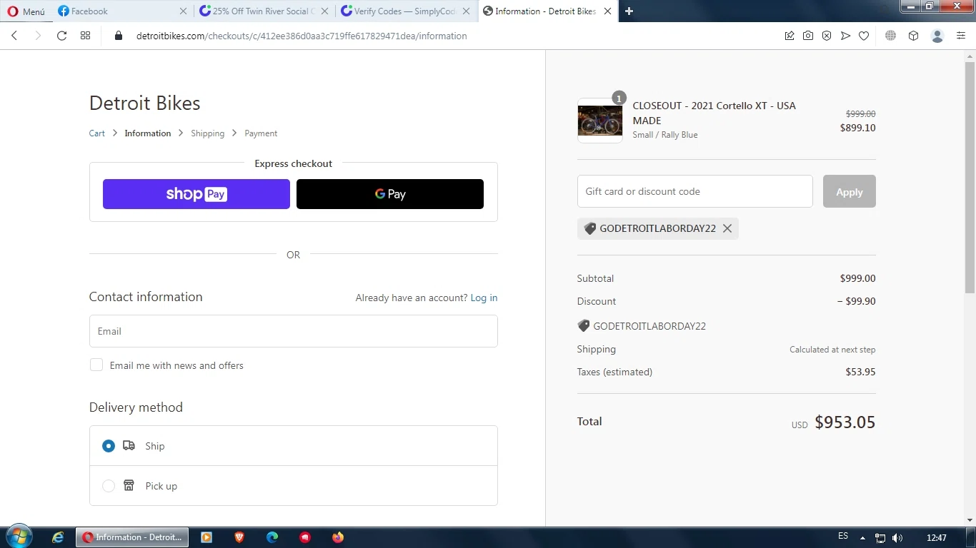 Detroit Bikes checkout page showing Detroit Bikes promo code box | Screenshot taken by SimplyCodes community member on Oct 6, 2022