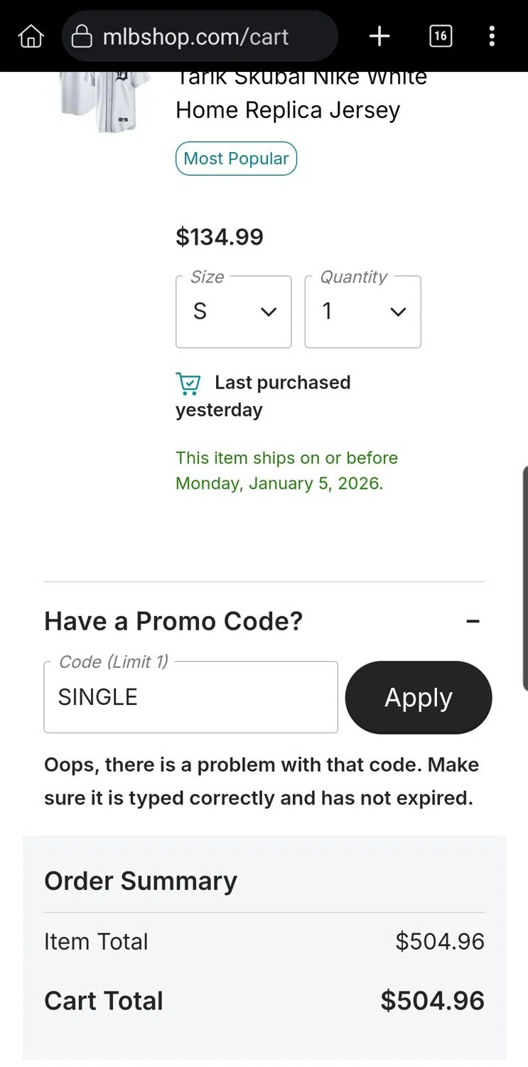 Detroit Tigers promo code screenshot showing code single applied at Detroit Tigers checkout page. Uploaded by SimplyCodes community member Carloslvz on Jan 3, 2026