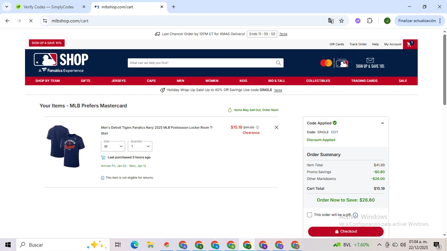 Detroit Tigers promo code screenshot showing code single applied at Detroit Tigers checkout page. Uploaded by SimplyCodes community member CleverSeeker3529 on Dec 22, 2025