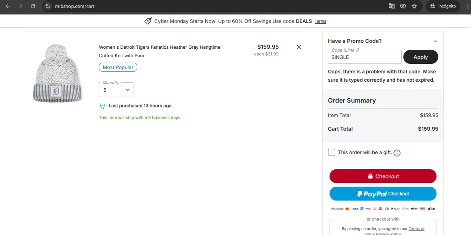 Detroit Tigers promo code screenshot showing code single applied at Detroit Tigers checkout page. Uploaded by SimplyCodes community member UchihaMadara on Nov 30, 2025