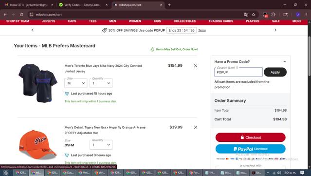 Detroit Tigers checkout page showing Detroit Tigers promo code box | Screenshot taken by SimplyCodes community member on Oct 3, 2025