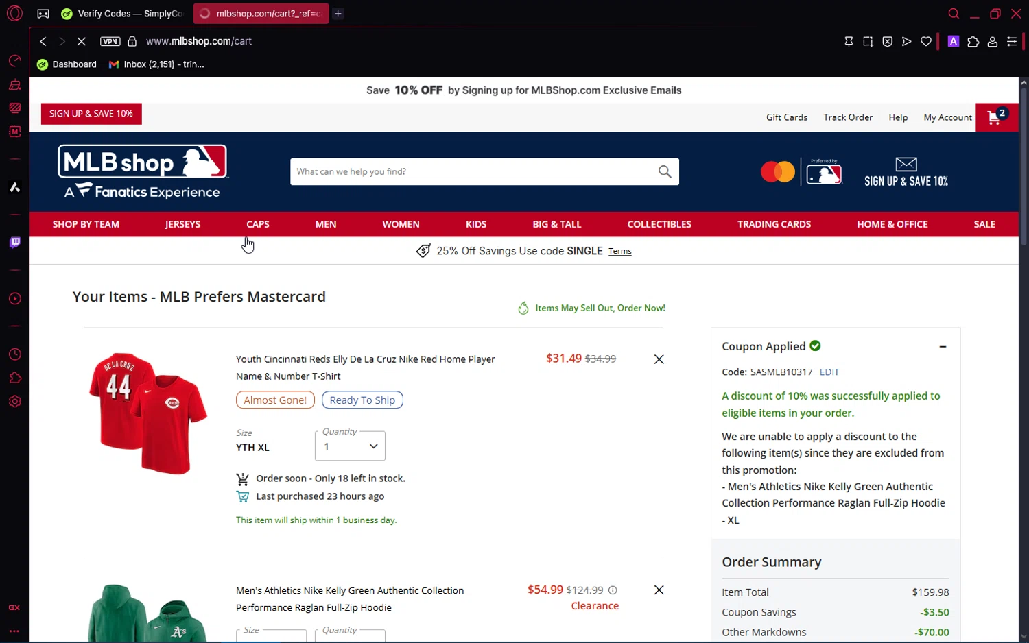 Detroit Tigers promo code screenshot showing code SASMLB10317 applied at Detroit Tigers checkout page. Uploaded by SimplyCodes community member SaleRanger1759 on Jun 3, 2025