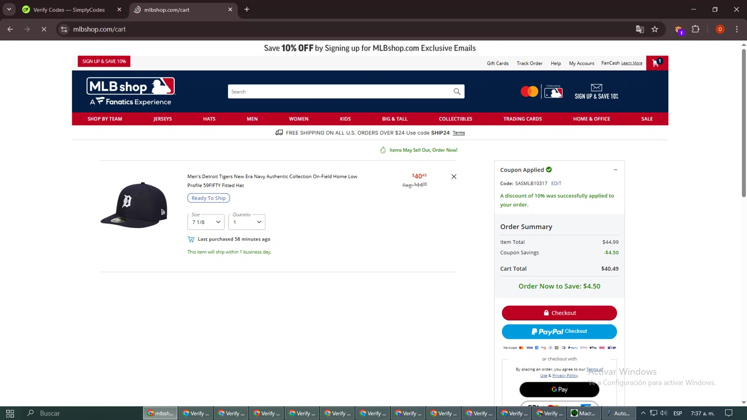 Detroit Tigers promo code screenshot showing code SASMLB10317 applied at Detroit Tigers checkout page. Uploaded by SimplyCodes community member SavingsLegend3954 on Mar 13, 2025