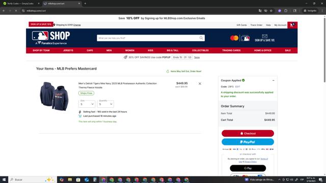 Detroit Tigers checkout page showing Detroit Tigers promo code box | Screenshot taken by SimplyCodes community member on Oct 3, 2025