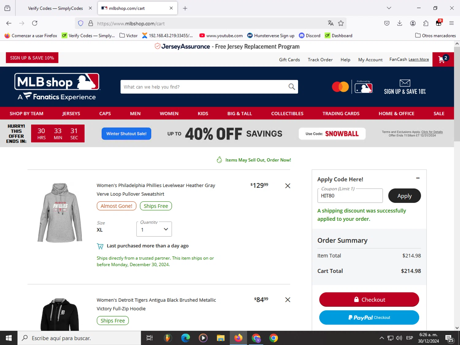 Detroit Tigers promo code screenshot showing code HIT80 applied at Detroit Tigers checkout page. Uploaded by SimplyCodes community member Garou_Y2K on Dec 30, 2024