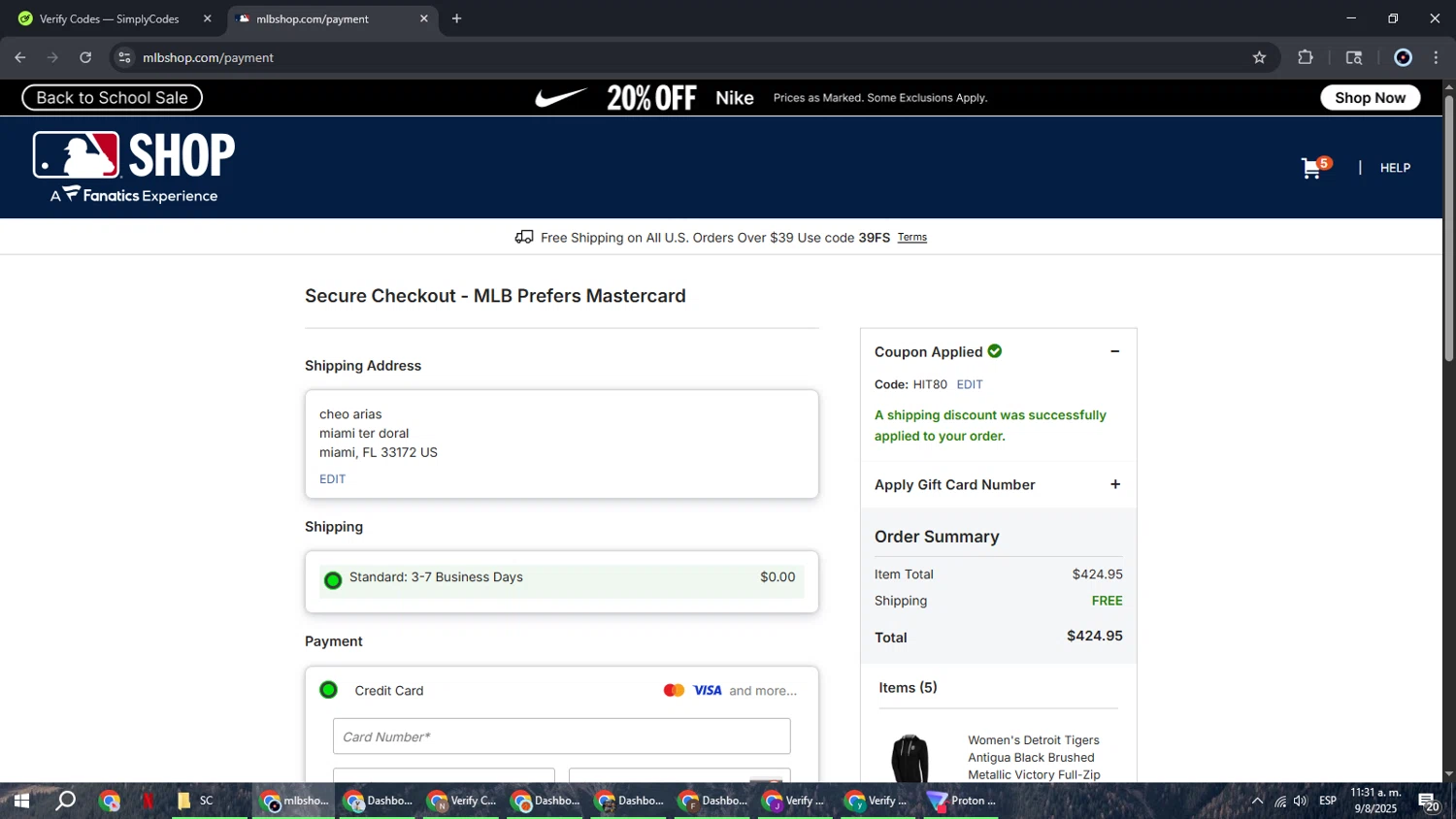 Detroit Tigers promo code screenshot showing code HIT80 applied at Detroit Tigers checkout page. Uploaded by SimplyCodes community member RoyalBoss4384 on Aug 9, 2025
