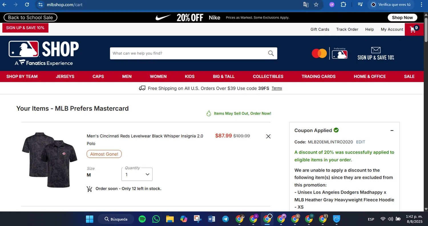Detroit Tigers promo code screenshot showing code MLB20EMLINTRO2020 applied at Detroit Tigers checkout page. Uploaded by SimplyCodes community member FrugalVirtuoso6318 on Aug 8, 2025