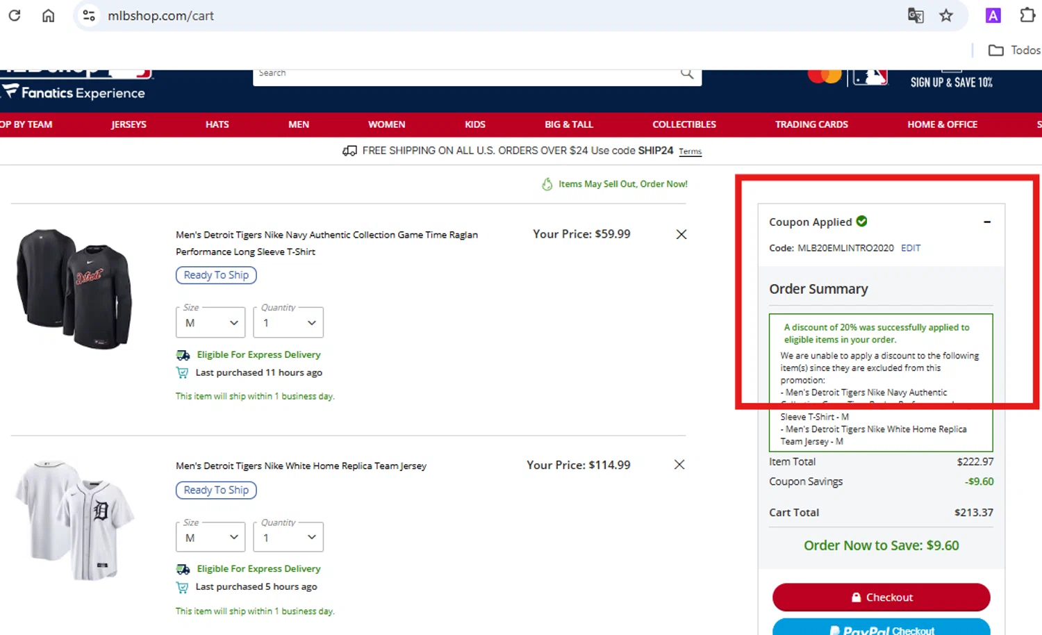 Detroit Tigers promo code screenshot showing code MLB20EMLINTRO2020 applied at Detroit Tigers checkout page. Uploaded by SimplyCodes community member NarkisOlivo on Mar 13, 2025