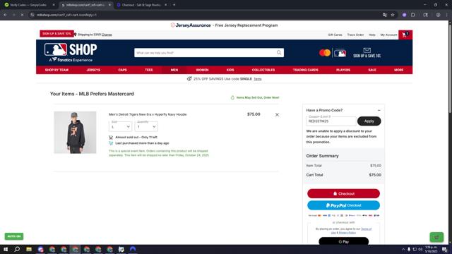 Detroit Tigers checkout page showing Detroit Tigers promo code box | Screenshot taken by SimplyCodes community member on Oct 5, 2025
