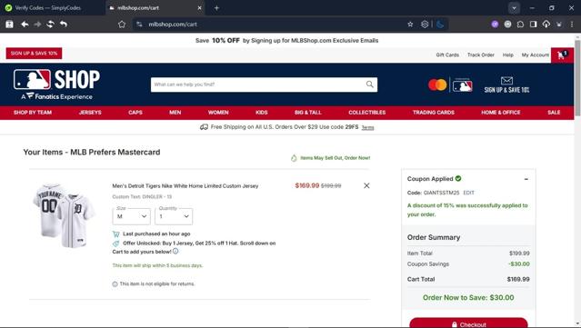 Detroit Tigers checkout page showing Detroit Tigers promo code box | Screenshot taken by SimplyCodes community member on Sep 5, 2025
