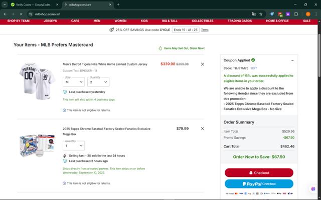 Detroit Tigers checkout page showing Detroit Tigers promo code box | Screenshot taken by SimplyCodes community member on Sep 10, 2025
