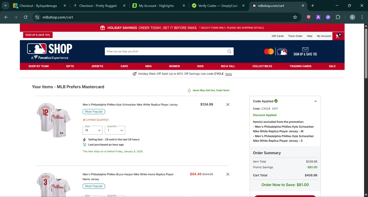 Detroit Tigers promo code screenshot showing code CYCLE applied at Detroit Tigers checkout page. Uploaded by SimplyCodes community member ExtraordinaryMonarch4598 on Dec 19, 2025