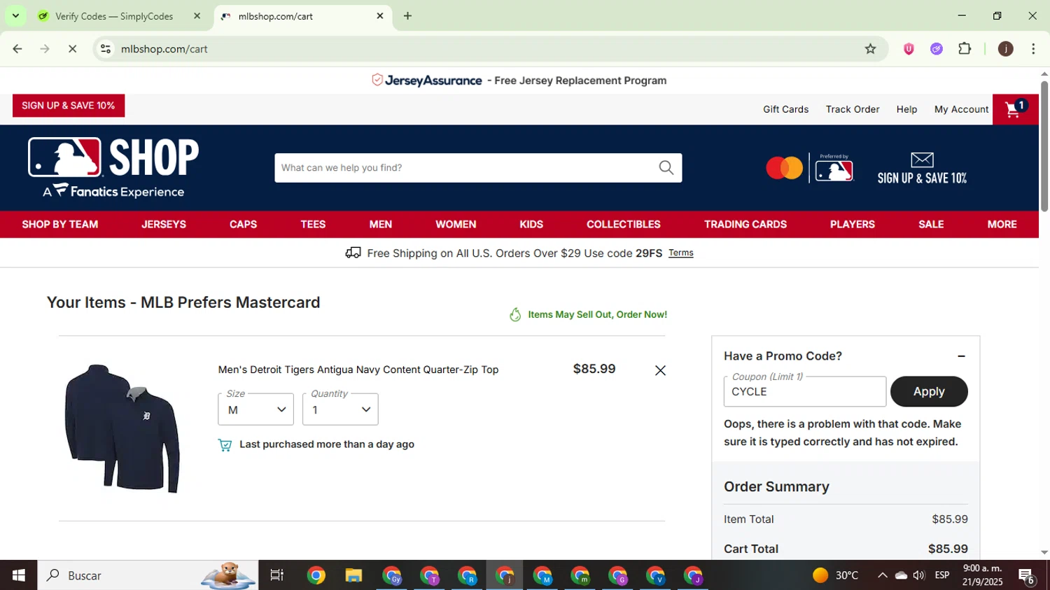 Detroit Tigers promo code screenshot showing code CYCLE applied at Detroit Tigers checkout page. Uploaded by SimplyCodes community member WonderEagle9833 on Sep 21, 2025