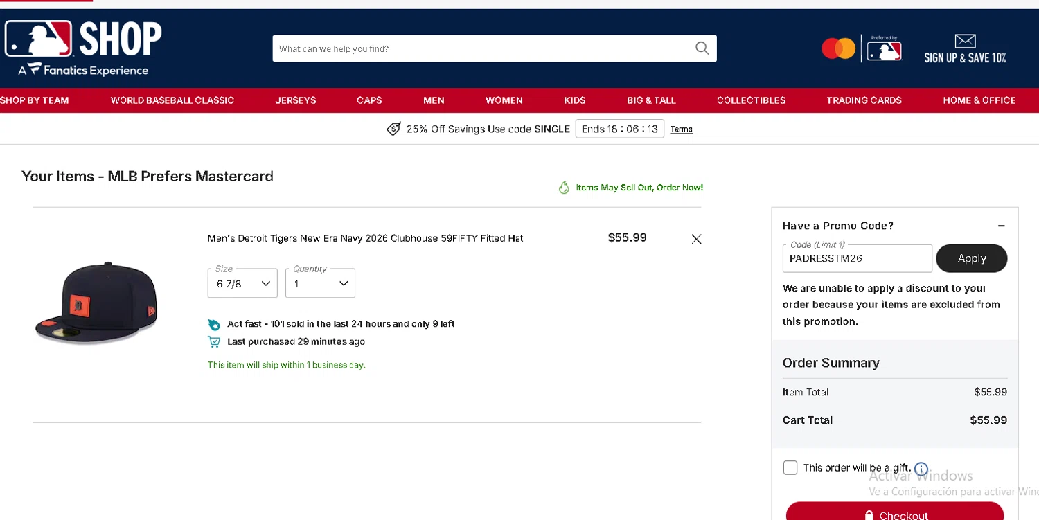 Detroit Tigers checkout page showing Detroit Tigers promo code box | Screenshot taken by SimplyCodes community member on Feb 24, 2026