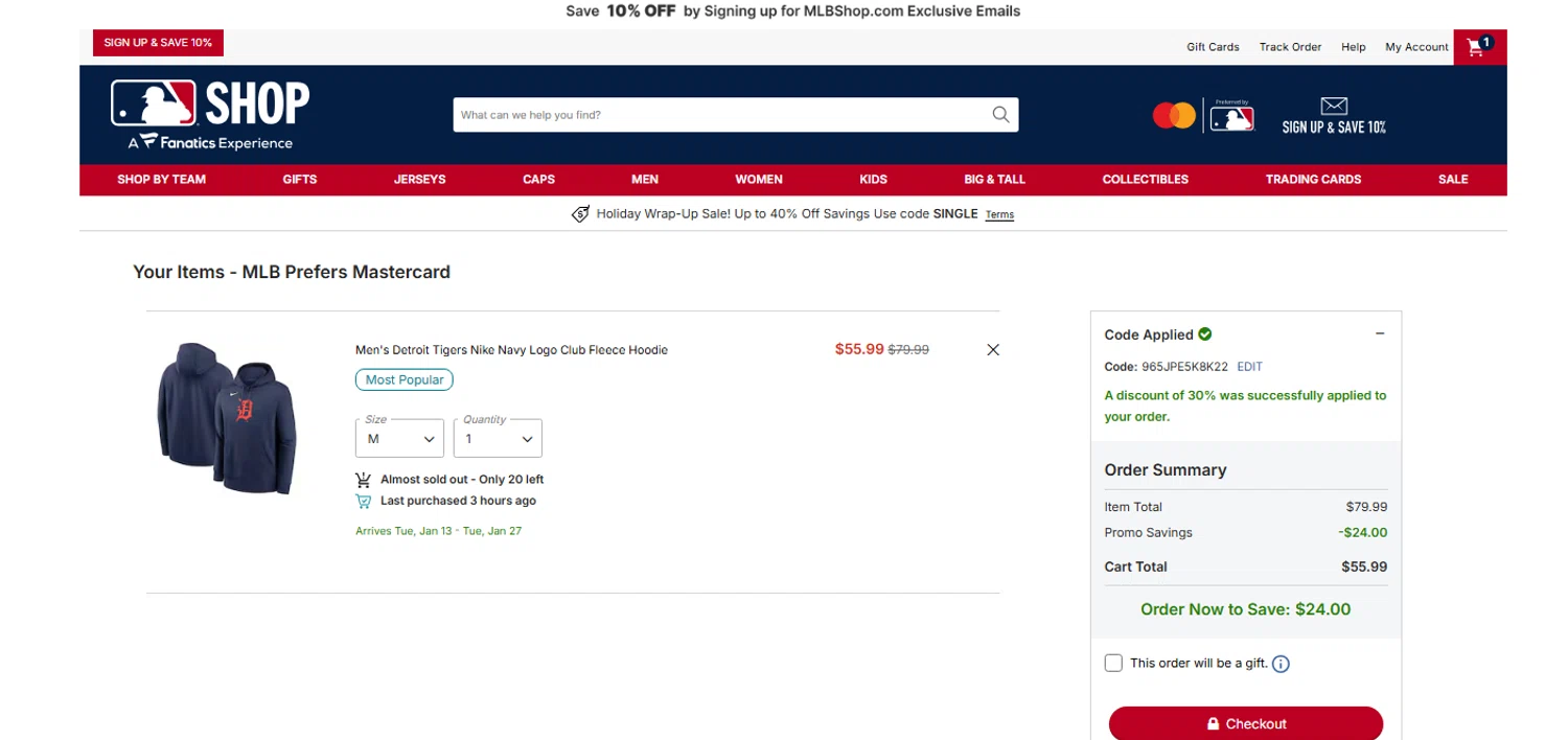 Detroit Tigers promo code screenshot showing code 965JPE5K8K22 applied at Detroit Tigers checkout page. Uploaded by SimplyCodes community member OnlywM on Dec 26, 2025