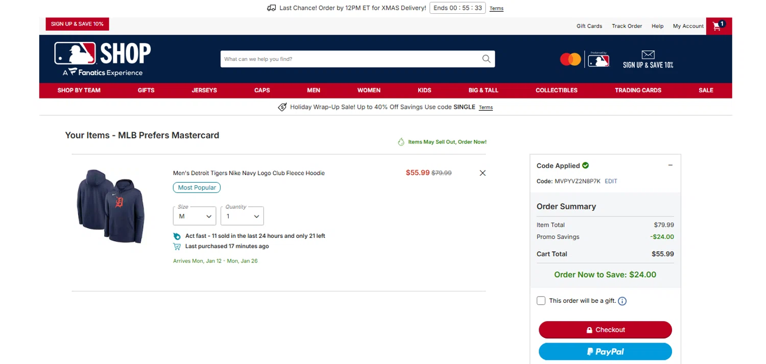 Detroit Tigers promo code screenshot showing code MVPYVZ2N8P7K applied at Detroit Tigers checkout page. Uploaded by SimplyCodes community member OnlywM on Dec 22, 2025