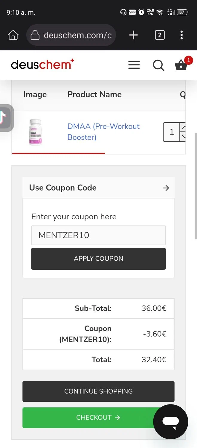 DeusChem promo code screenshot showing code MENTZER10 applied at DeusChem checkout page. Uploaded by SimplyCodes community member Diego_Soto on Jan 4, 2026