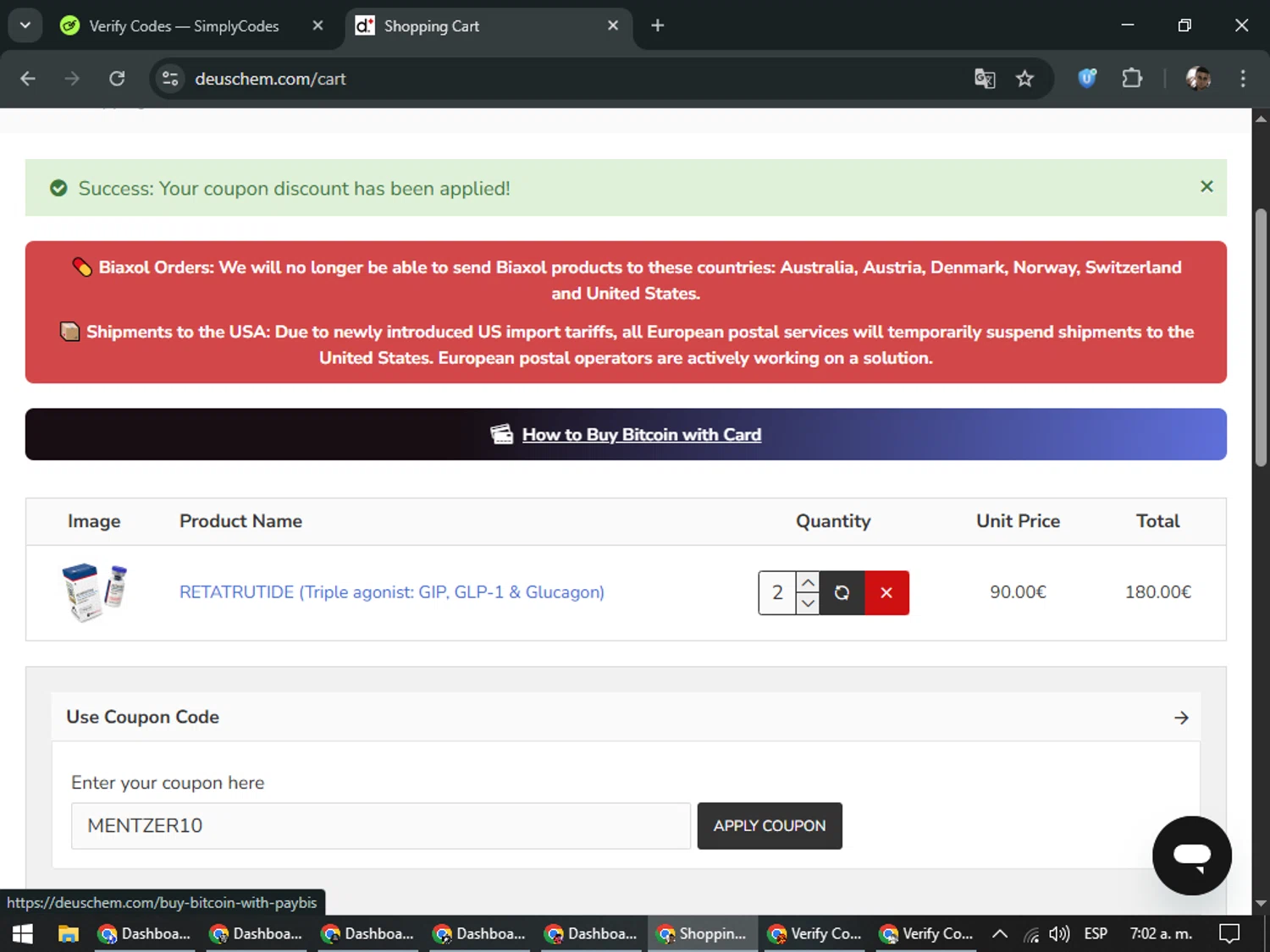 DeusChem promo code screenshot showing code MENTZER10 applied at DeusChem checkout page. Uploaded by SimplyCodes community member DiscountSeeker682 on Feb 2, 2026